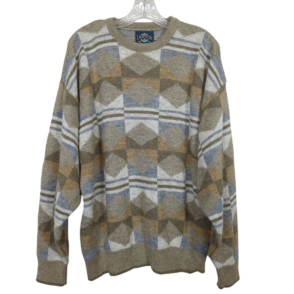 Vintage Janzen Sweater XL Brown Gray Sweater Geometric Diamond Pattern Knit